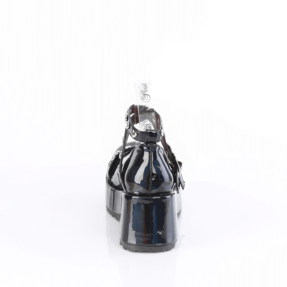 Back view of DEMONIA platform shoes featuring black holo patent finish and ankle strap with heart spiderweb buckle.