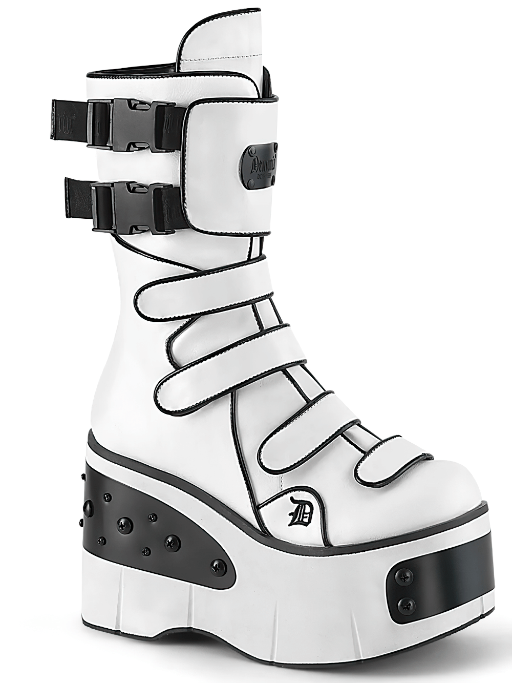 Demonia white vegan leather mid-calf platform boots with snap buckles and metal plates.
