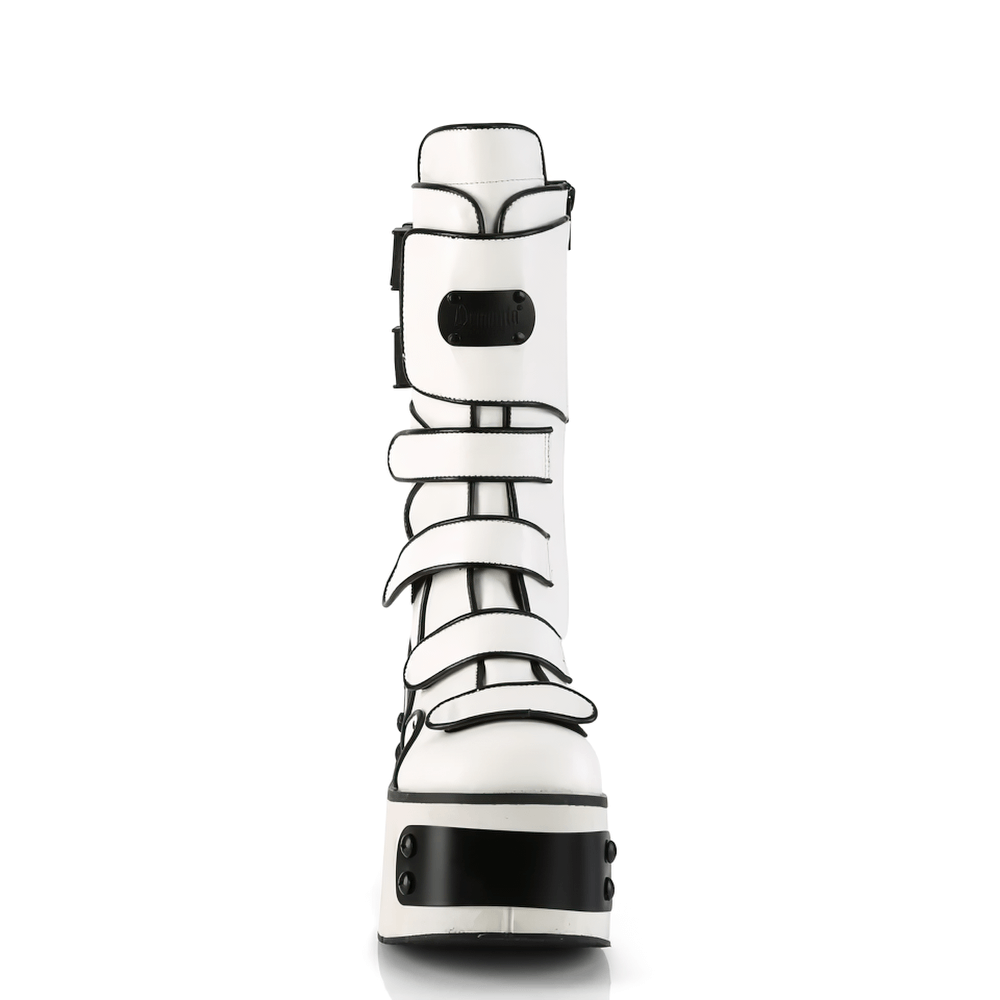 Demonia white vegan leather mid-calf platform boots with snap buckles and metal plates.
