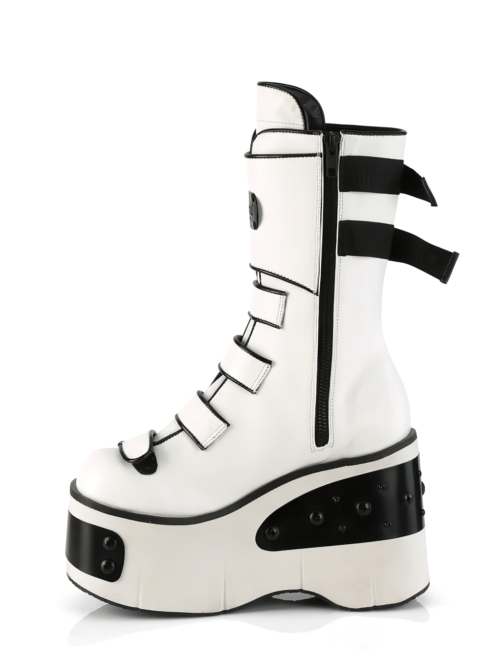 White vegan leather mid-calf platform boots with snap buckles and metal plates, featuring a bold design.