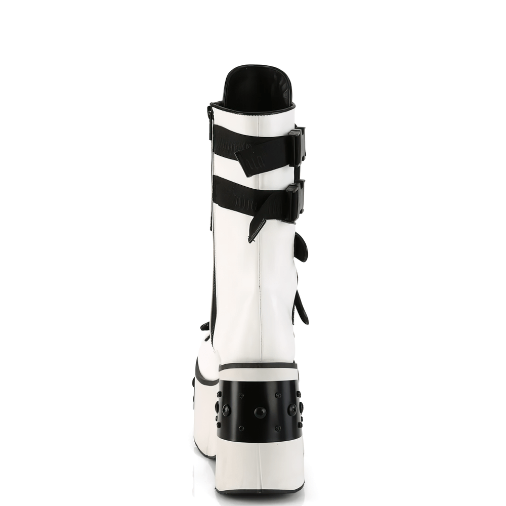 Back view of DEMONIA white vegan leather platform strappy mid-calf boots with black snap buckles and metal plates.