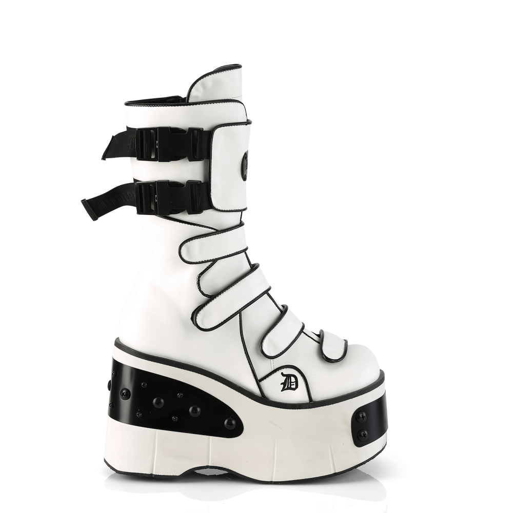 Demonia white vegan leather platform mid-calf boots with snap buckles and metal plates.