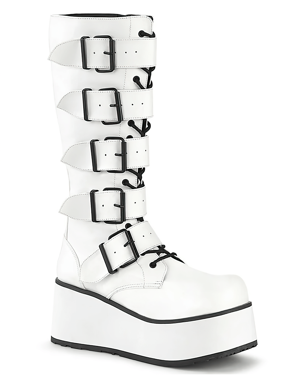 Daring white vegan leather platform knee-high boots with buckles and lace-up design.