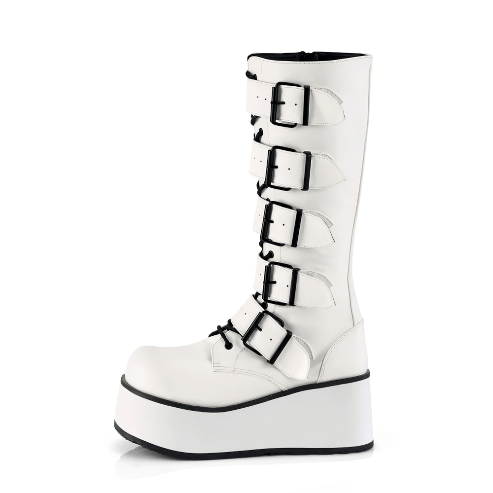 DEMONIA Platform White Lace-Up Knee High Boots with Buckles