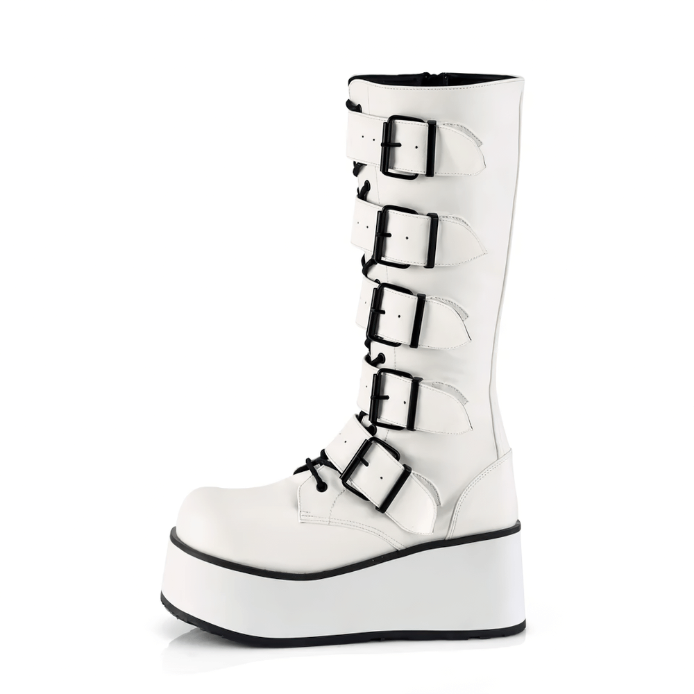 Demonia white platform knee-high boots with lace-up and buckle straps for edgy, stylish footwear.