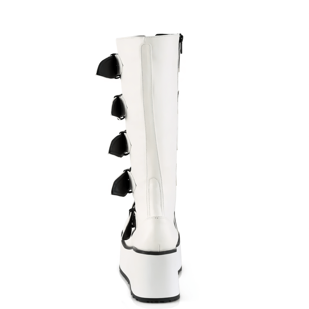 Back view of DEMONIA white vegan leather knee-high boots with buckles and thick platform.