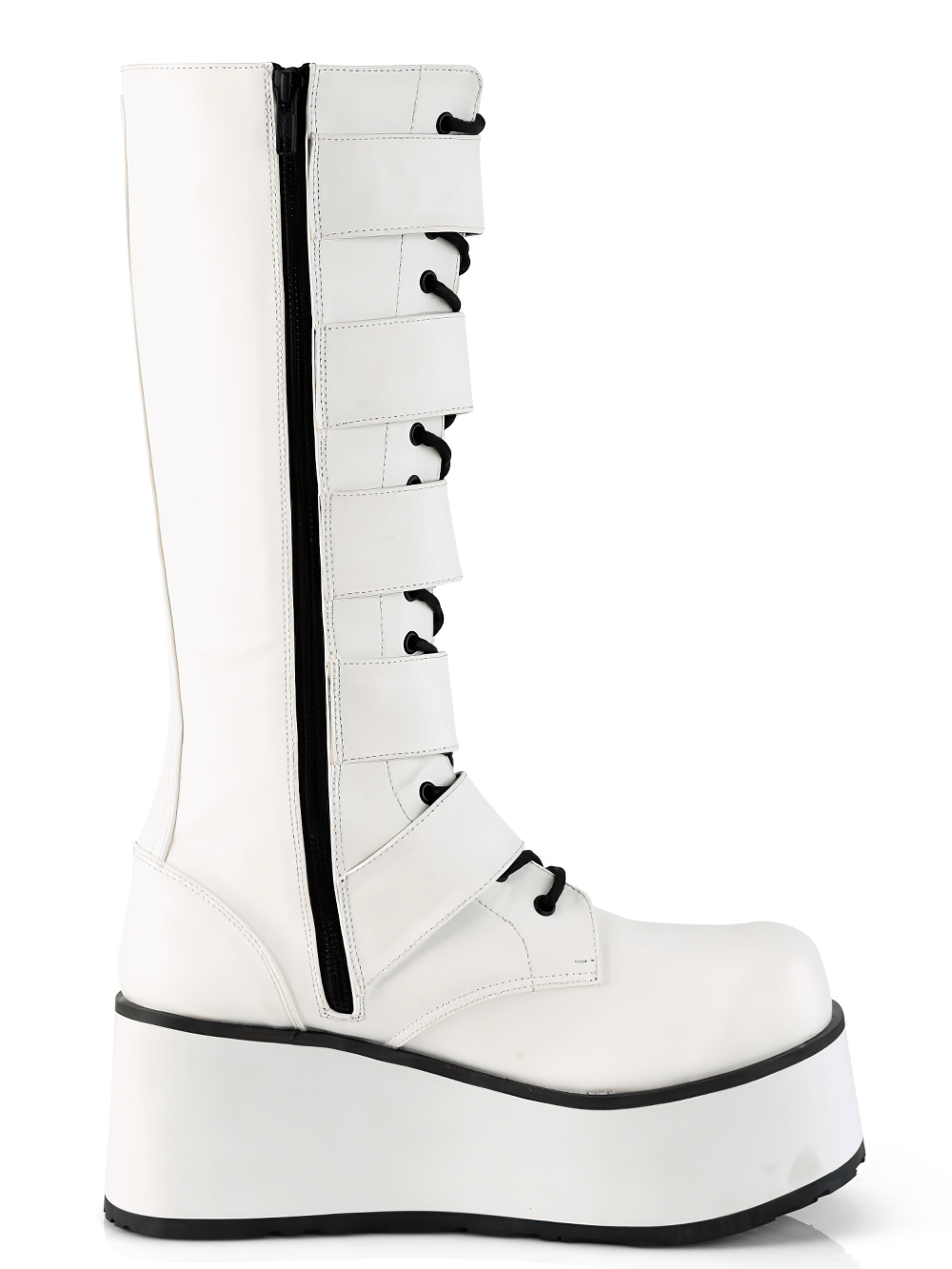 Demonia white lace-up knee-high boots with buckles and platform, featuring vegan leather and zipper.