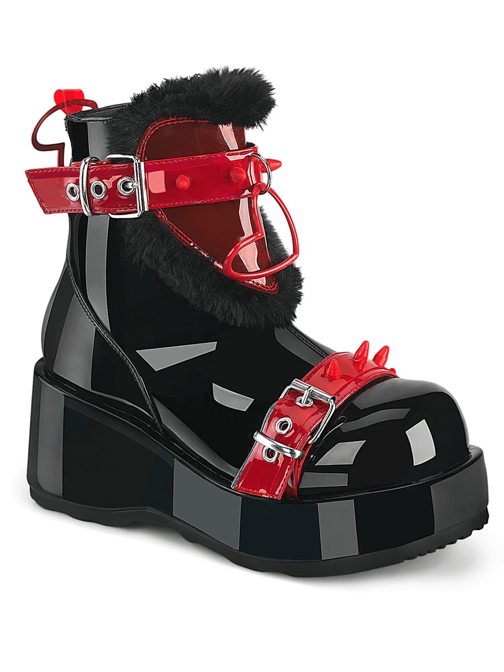 Demonia platform ankle boots with fur lining, red heart buckles, and rubber spikes for a bold look.
