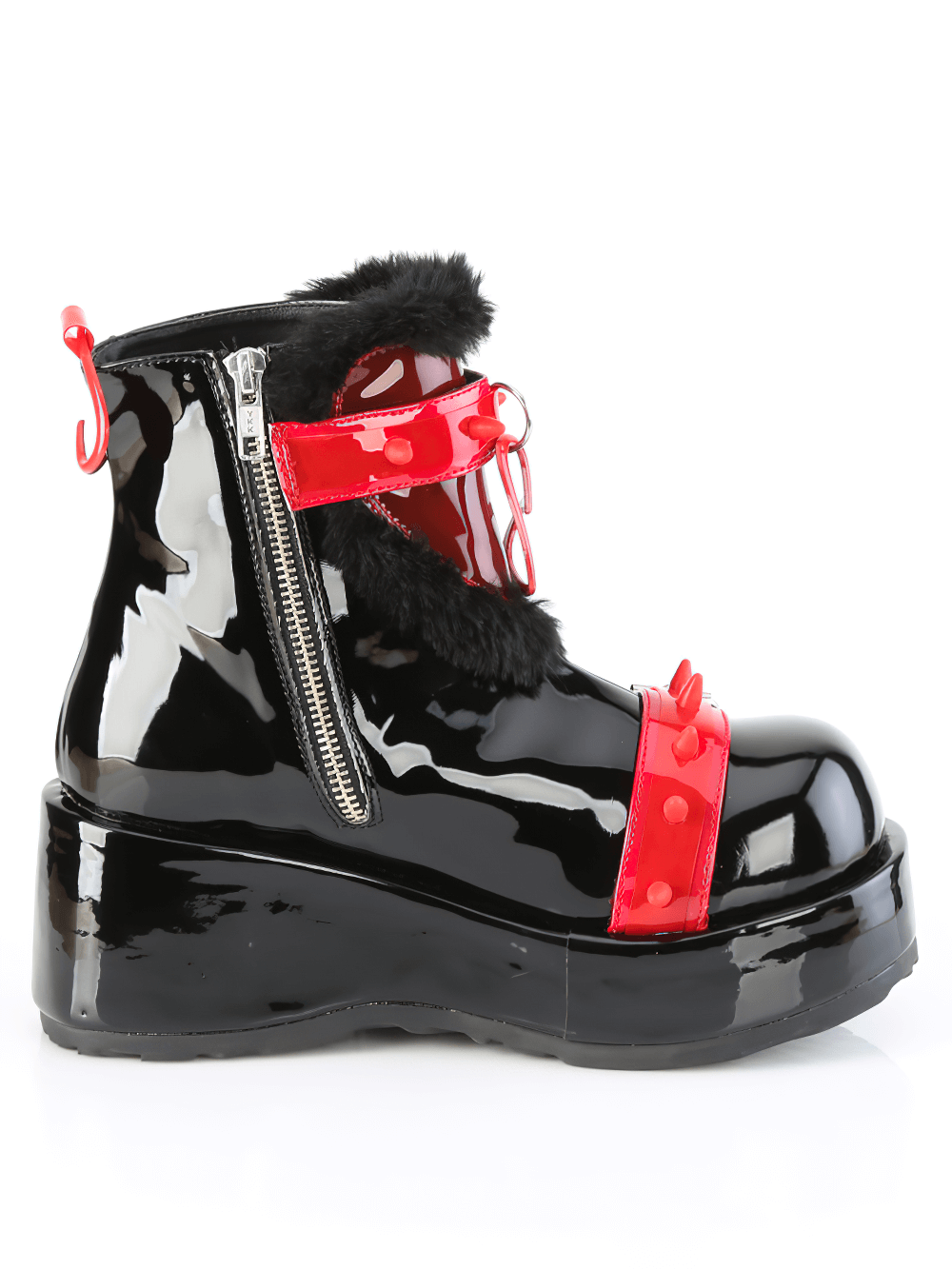Stylish Demonia platforms ankle boots with fur, heart details, and a shiny black finish, featuring bold red accents.