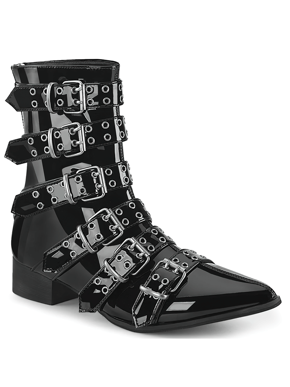 Demonia pointed toe calf-high boots in shiny black patent leather with multiple buckle straps and a block heel.