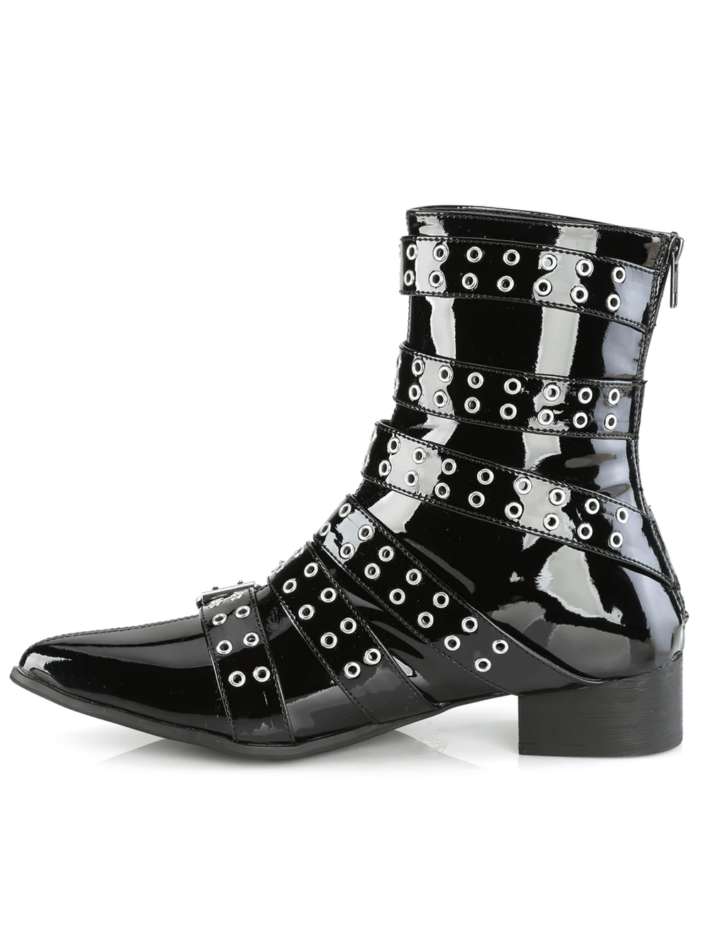 Pointed toe black patent leather calf-high boots with grommet buckle straps and back zip closure.