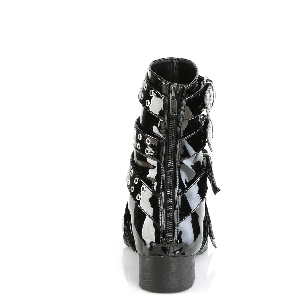 DEMONIA Pointed Toe Calf-High Boots with Buckle Straps