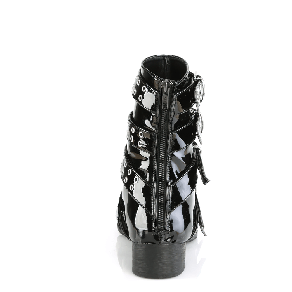 Back view of DEMONIA pointed toe calf-high boots with grommet straps and back zip in shiny black patent leather.