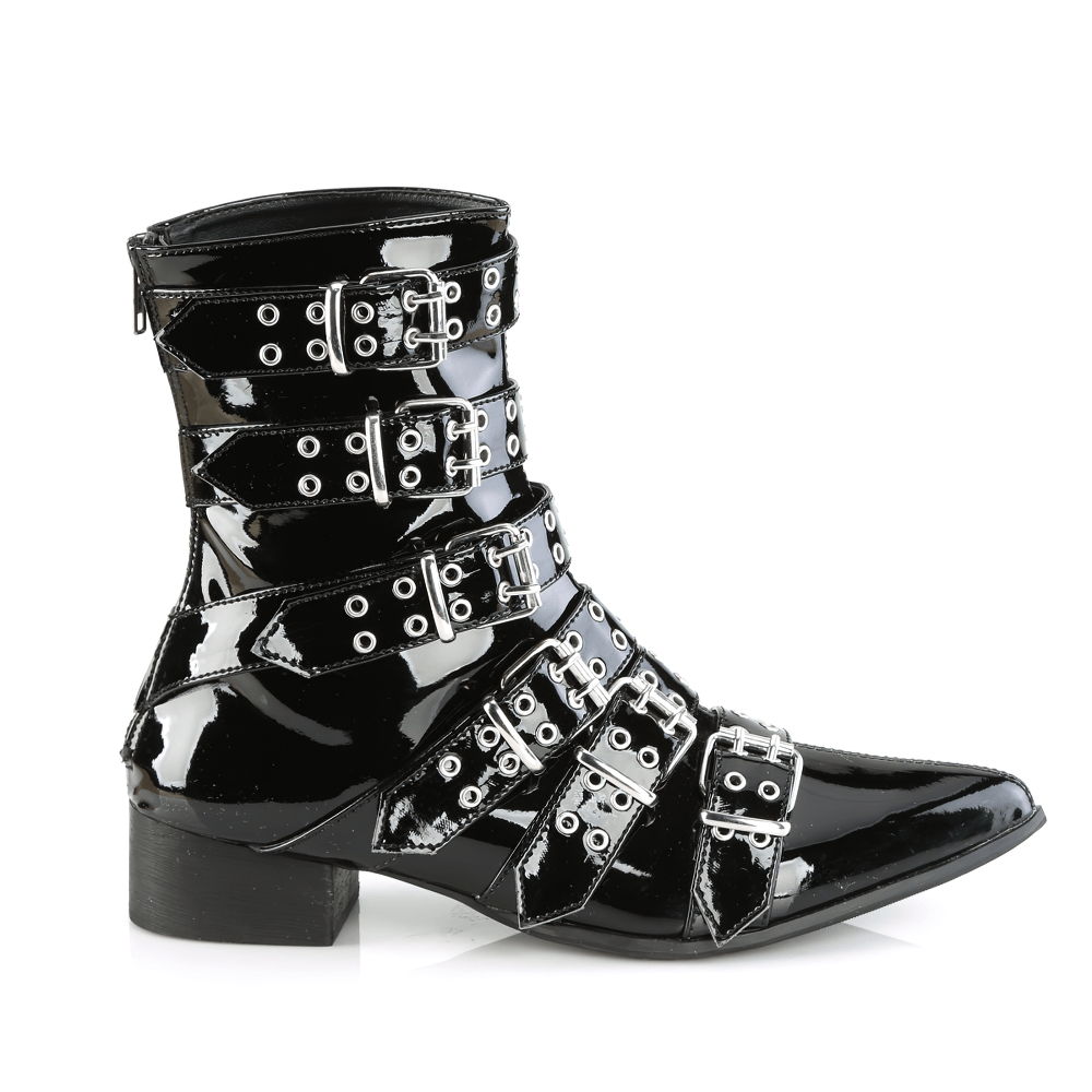 DEMONIA Pointed Toe Calf-High Boots with Buckle Straps