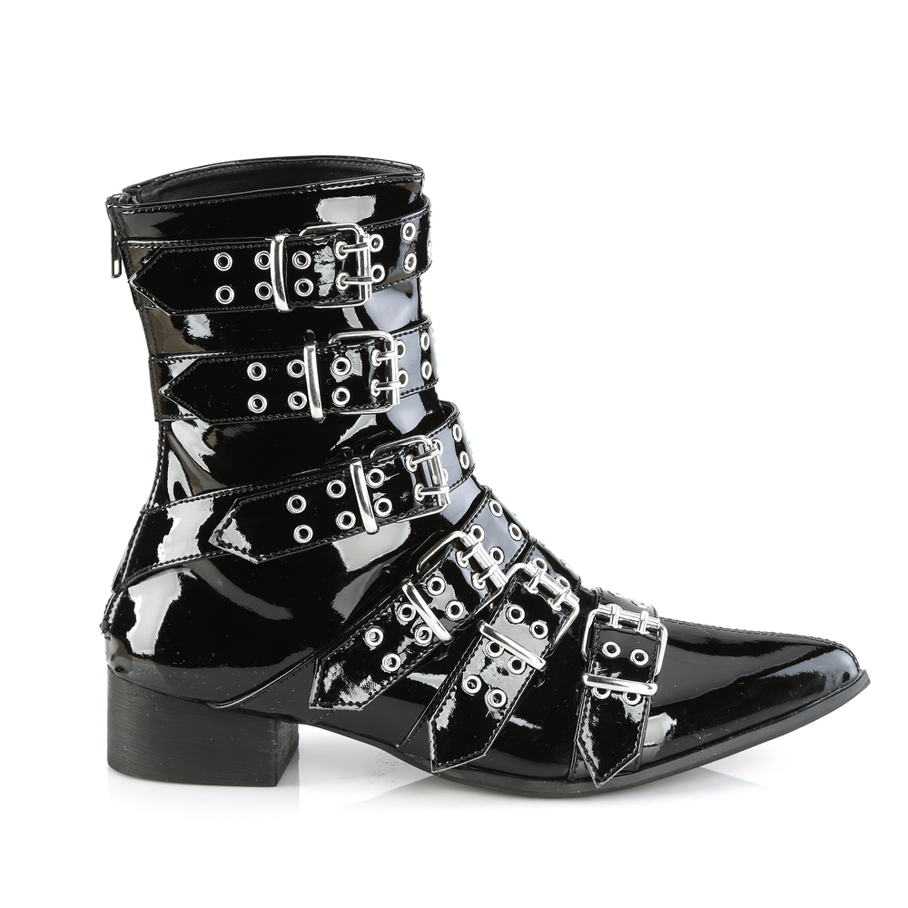 Demonia calf-high boots in shiny black patent leather with grommet buckle straps and pointed toe.