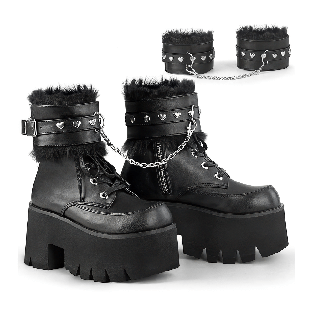 DEMONIA Punk Chunky Heel Ankle Boots with Chain Detail