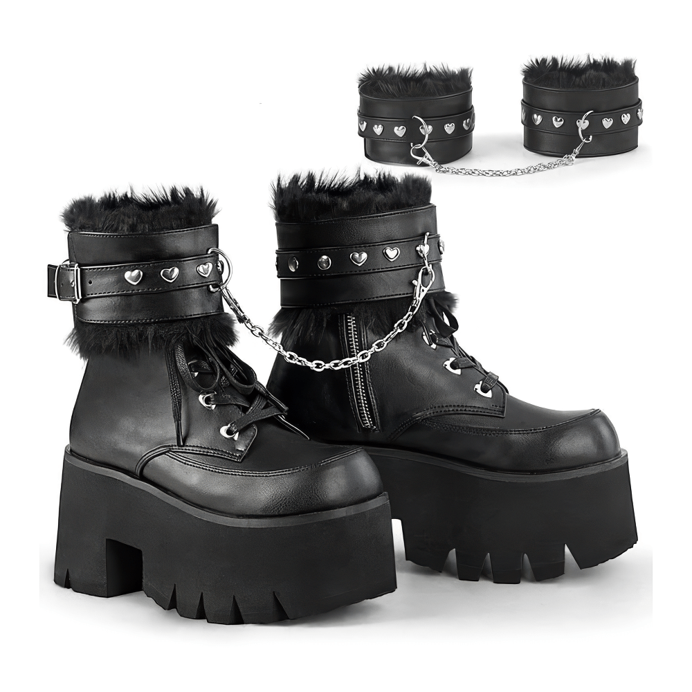 Demonia punk chunky heel black ankle boots with fur cuffs, heart studs, and chain detail for a bold style.