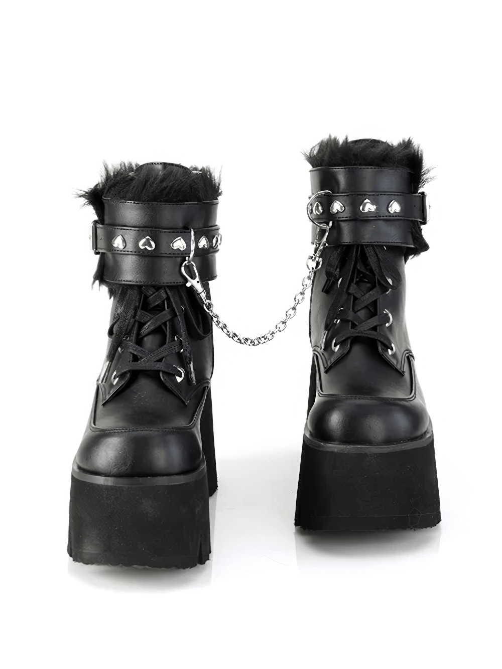 Demonia punk chunky heel ankle boots with heart studs, fur cuffs, and chain detail for bold fashion statements.