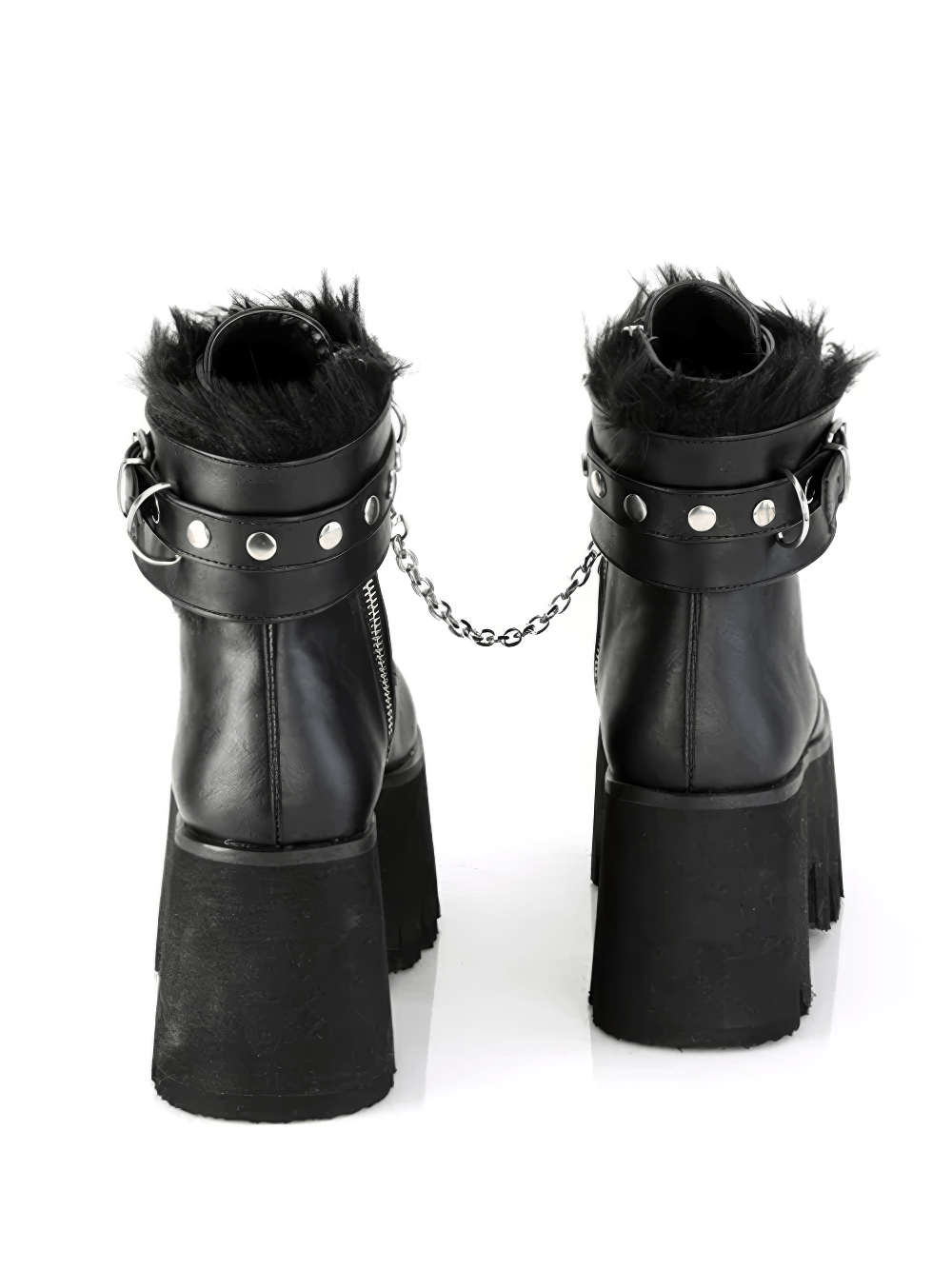 Back view of DEMONIA punk chunky heel ankle boots with fur cuffs and chain detail, showcasing bold black vegan leather.