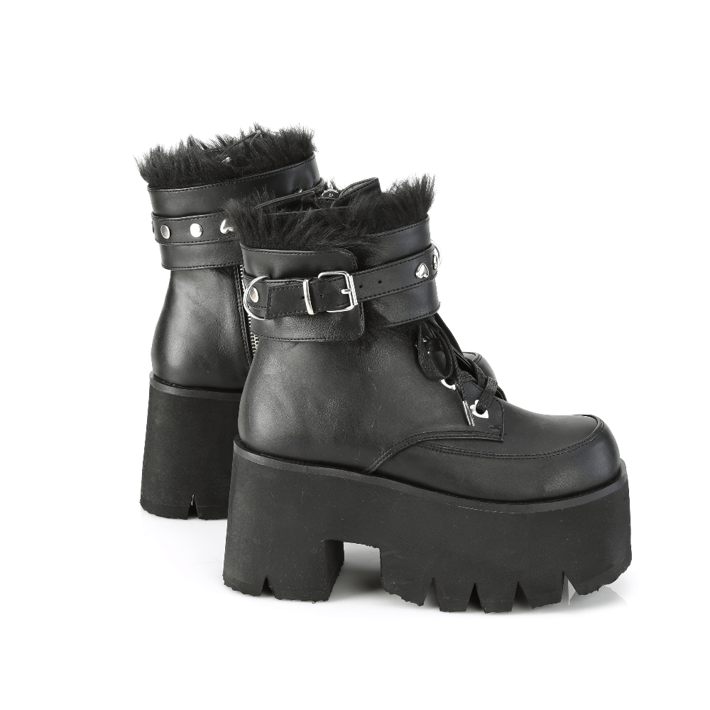 Demonia women's punk chunky heel ankle boots with fur cuffs and chain detail, perfect for bold style.