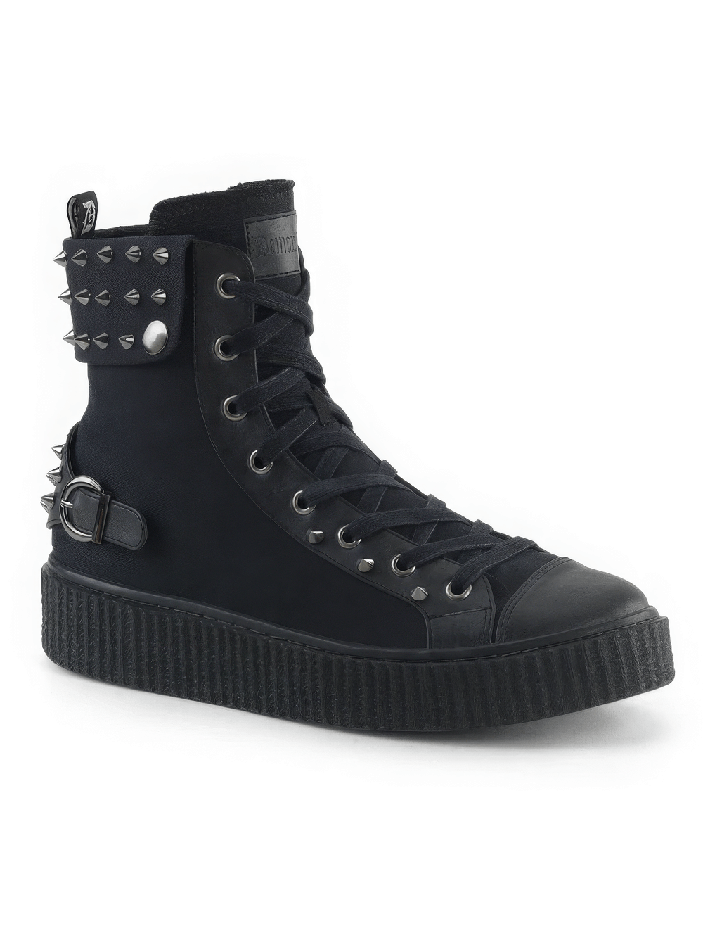 Edgy Demonia high-top creeper sneakers with studs, buckle, and platform sole for a stylish punk look.