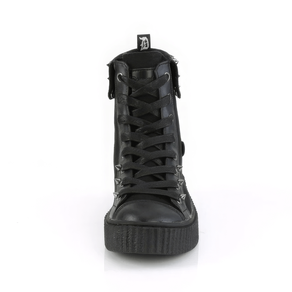 Demonia black high-top punk sneakers with buckle and studs, featuring a unique platform and snap collar.