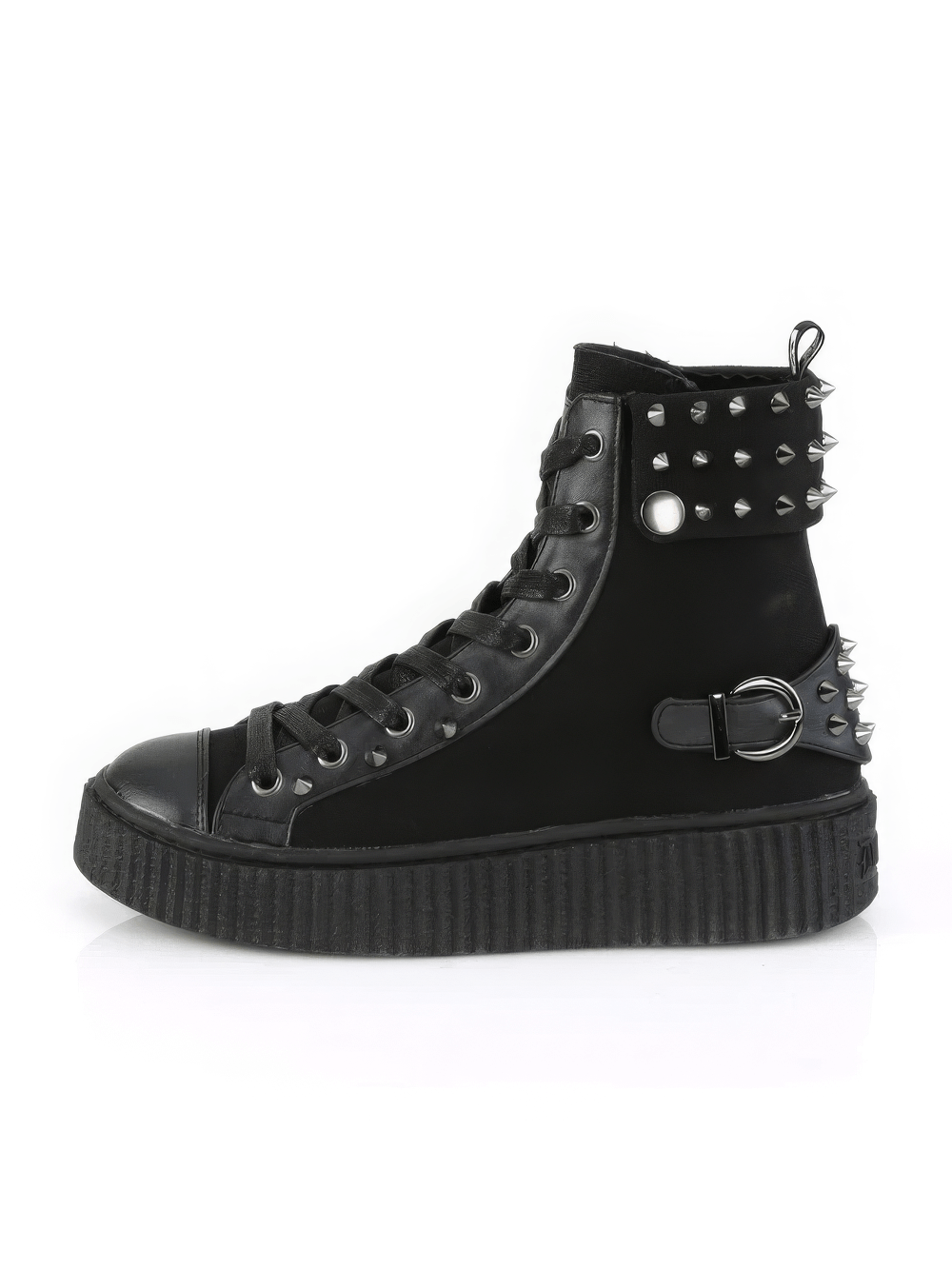 Edgy DEMONIA black high-top creeper sneakers with studs and buckle, featuring a platform sole and snap collar.