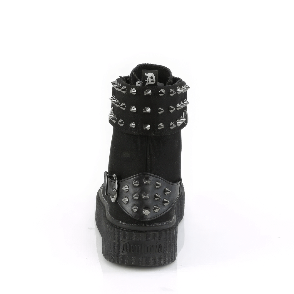 Demonia punk high-top creeper sneakers with studs and buckle, showcasing a striking black design from the back.