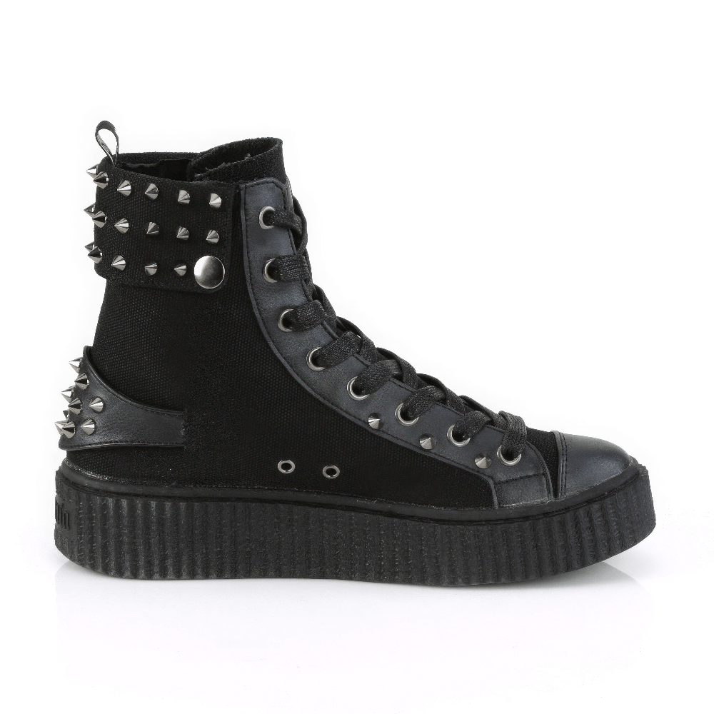 Demonia punk high-top creeper sneakers with buckle and studs, black canvas, 1.5" platform for edgy style.