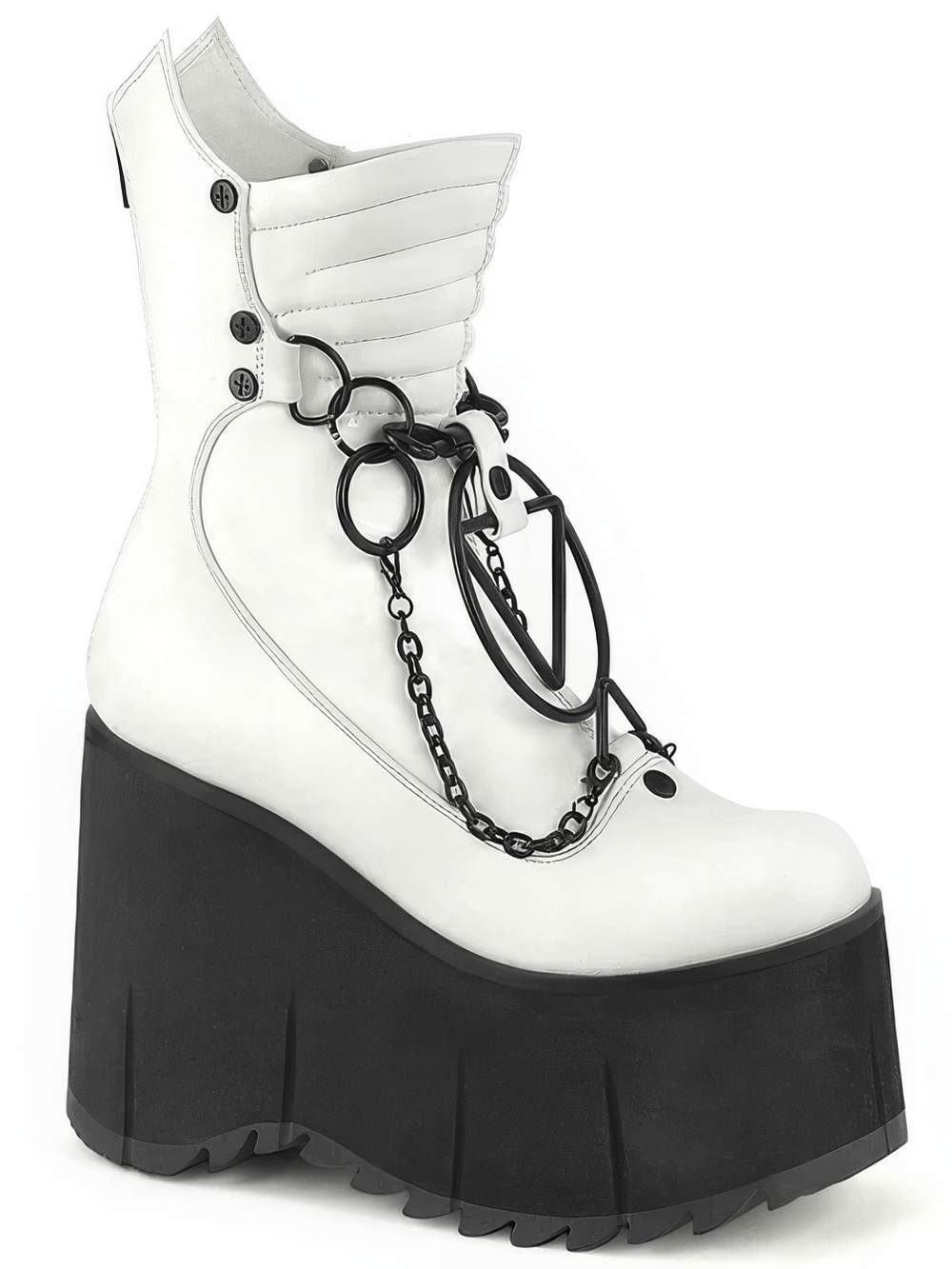DEMONIA white mid-calf platform boots with chains, studs, and quilted detail, showcasing punk-inspired style.