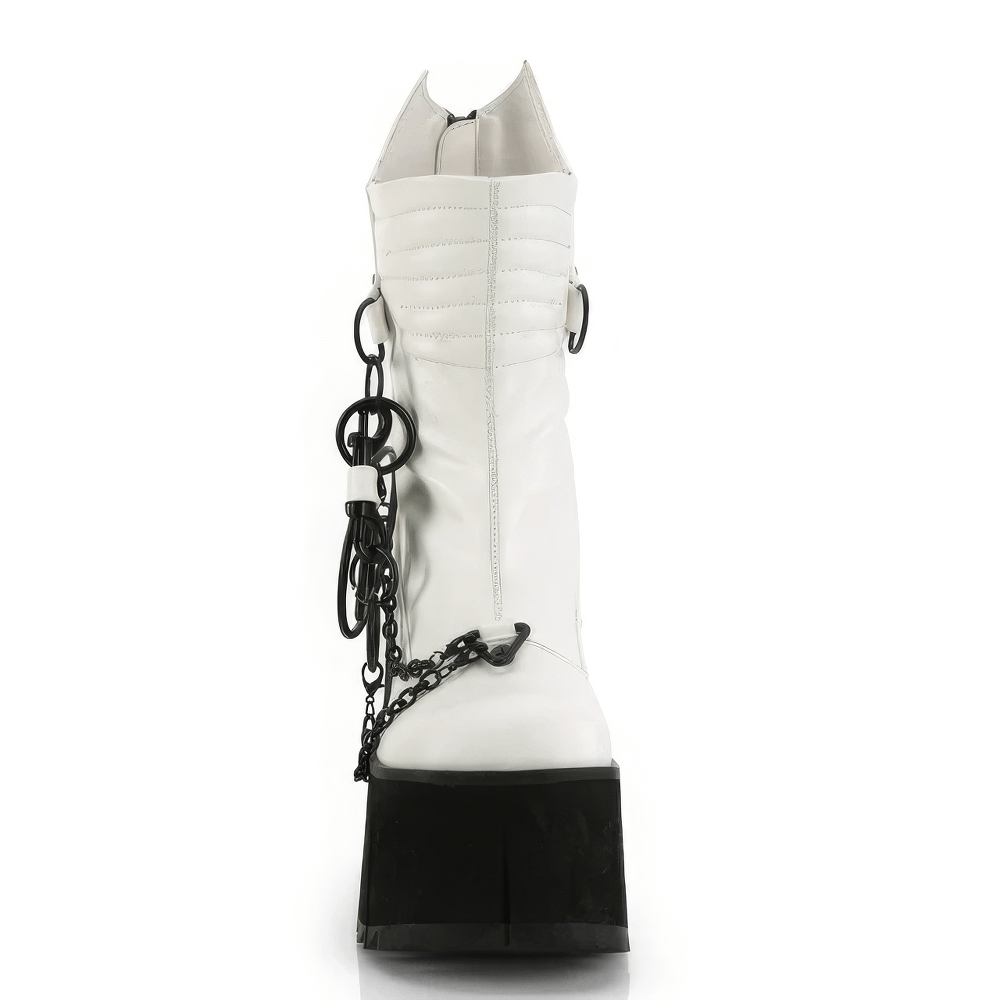 White punk mid-calf platform boots with chains, studs, and quilting, perfect for a bold fashion statement.