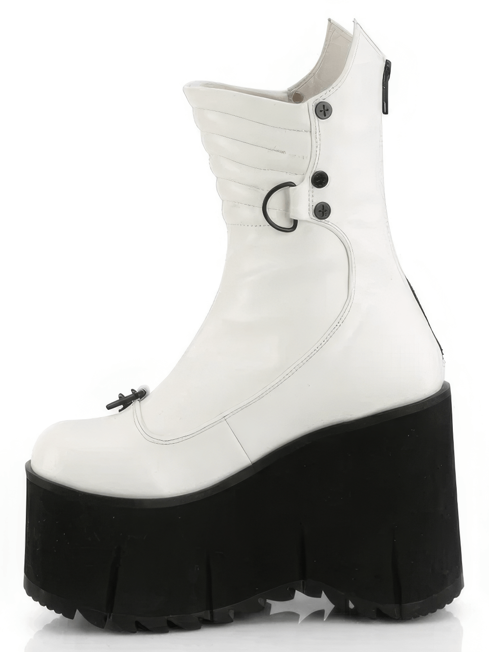 White vegan mid-calf platform boots with chains, studs, and quilted details for a punk-inspired look.