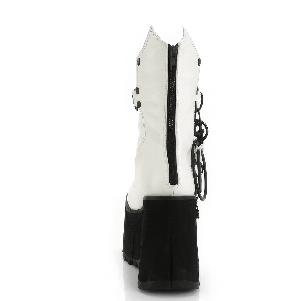 Back view of DEMONIA punk-inspired mid-calf white platform boots with chains and metal hardware.