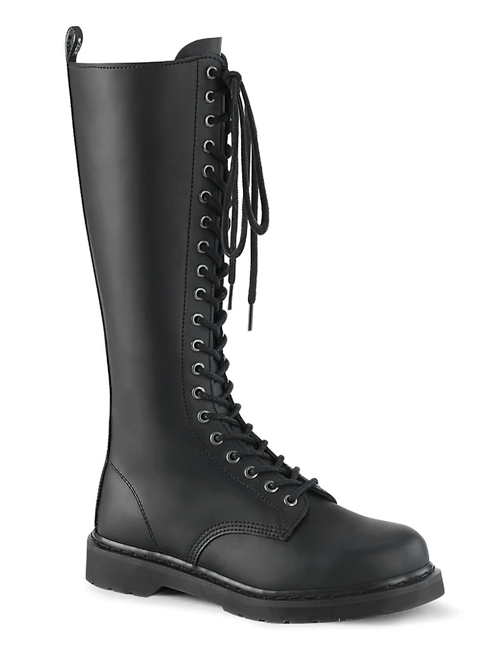 Demonia unisex vegan knee-high boots with 20-eyelet lace-up front, showcasing punk and goth style.