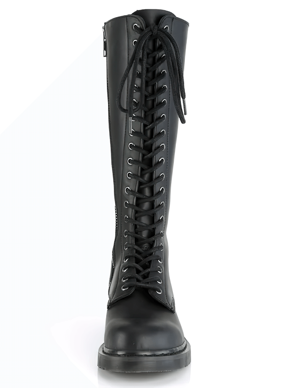 Demonia unisex vegan leather knee-high boots with 20-eyelet lace-up design for punk and goth style.