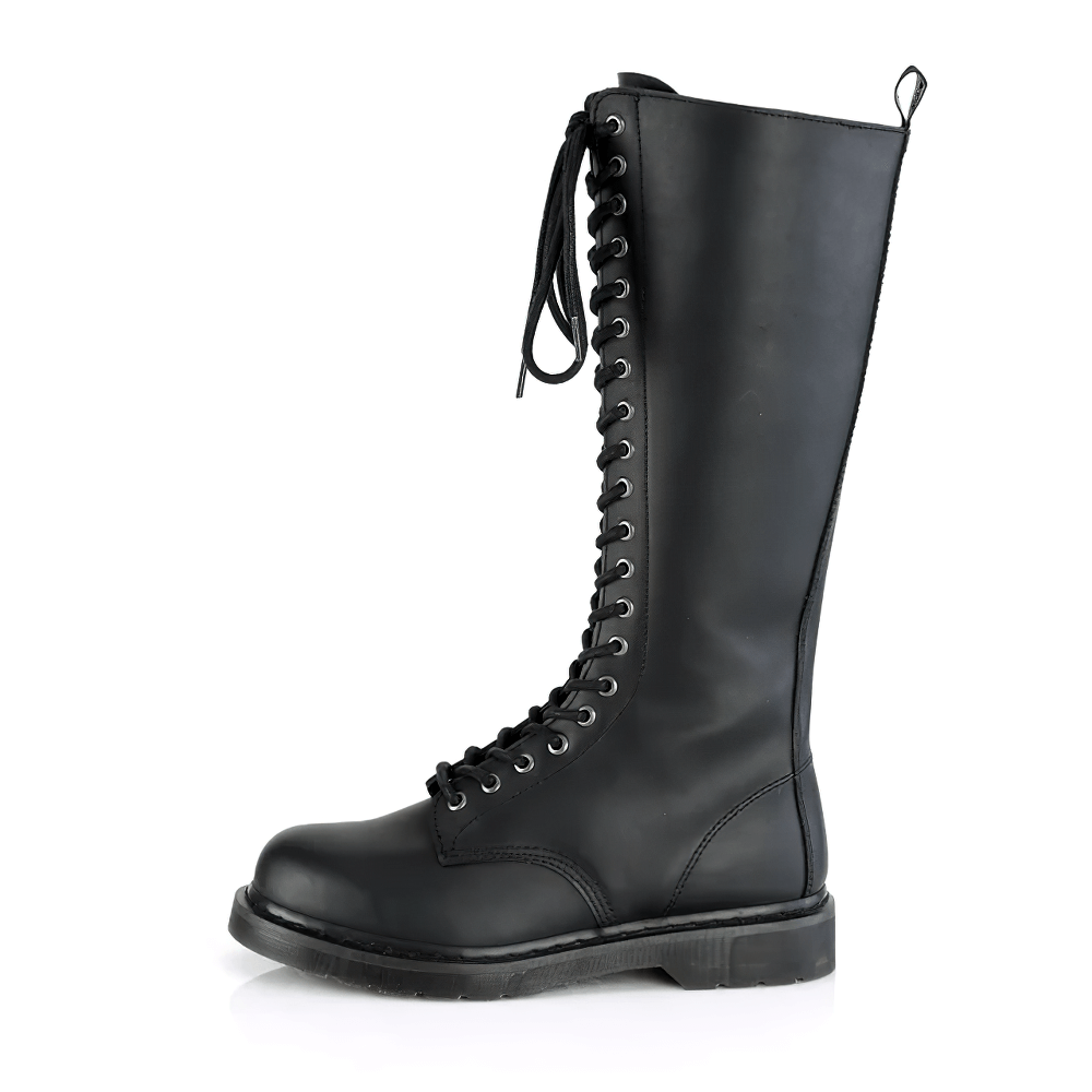 Demonia punk knee-high boots in black vegan leather with 20 eyelets and a flat heel, showcasing bold, eco-friendly style.