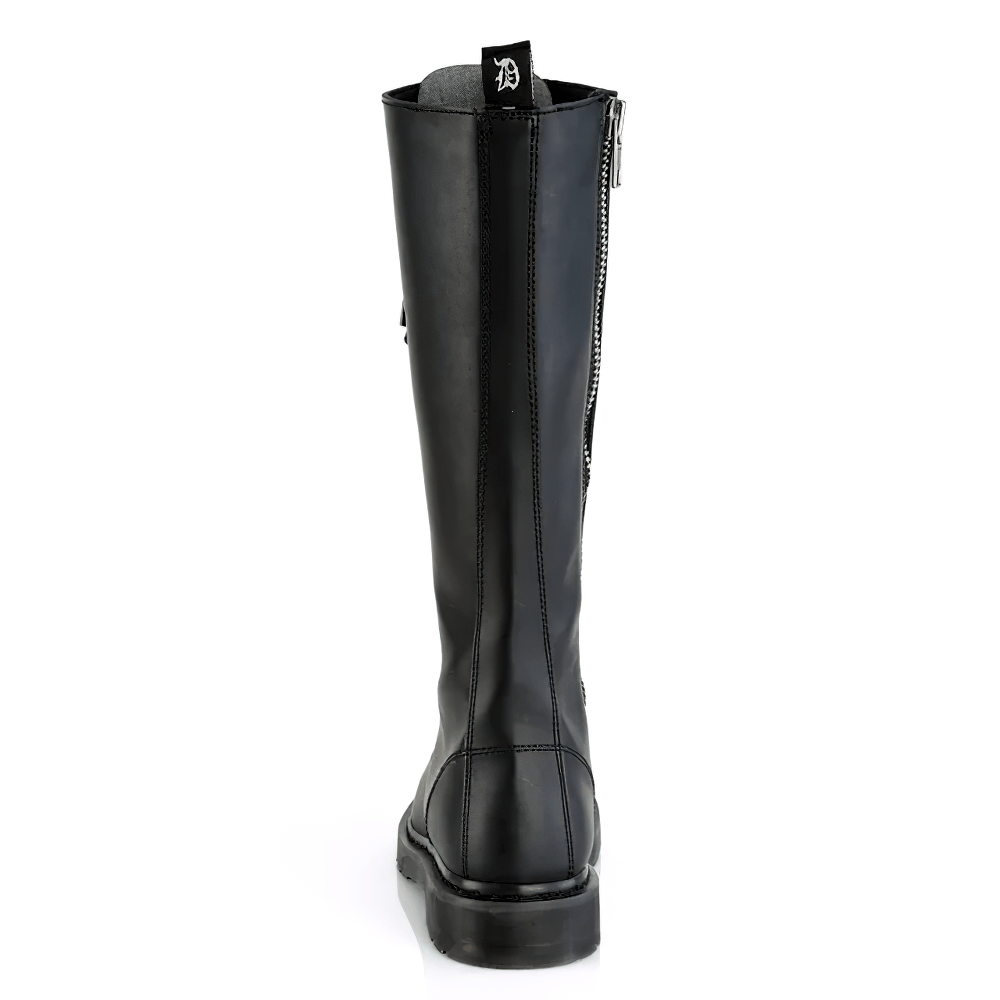 Back view of DEMONIA vegan leather knee-high punk boots with 20-eyelet design and zipper detail.