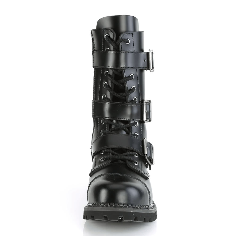 Black leather punk style ankle boots with buckles and 12-eyelet lace-up design for bold urban adventures.