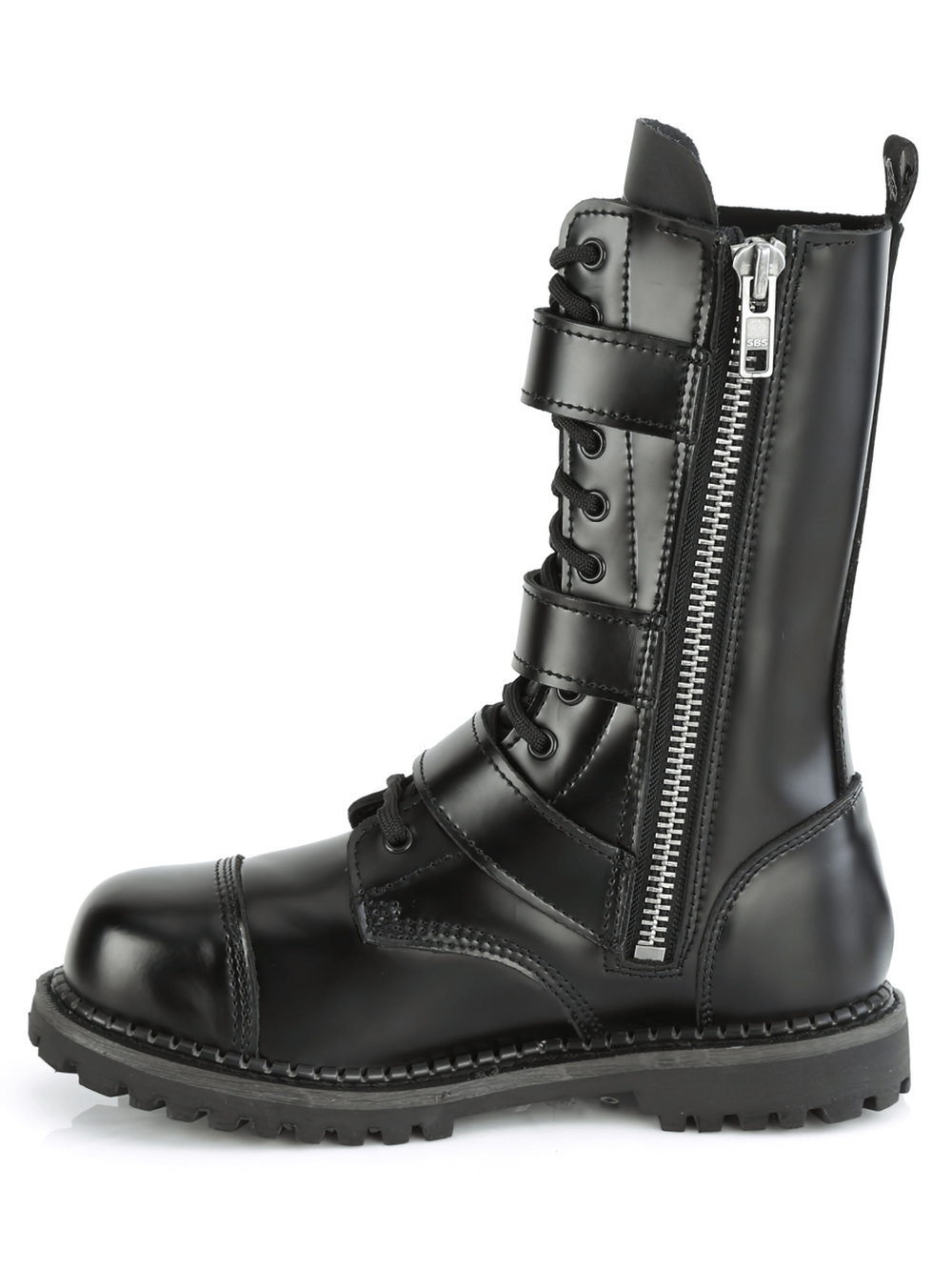 Black leather punk style ankle boots with lace-up design and bold buckle straps for edgy urban style.