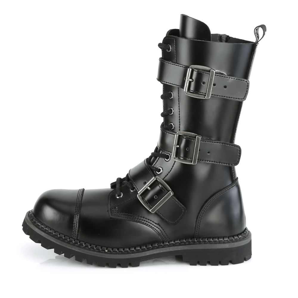 Black leather punk ankle boots with edgy buckle straps and thick rubber sole for urban adventures.