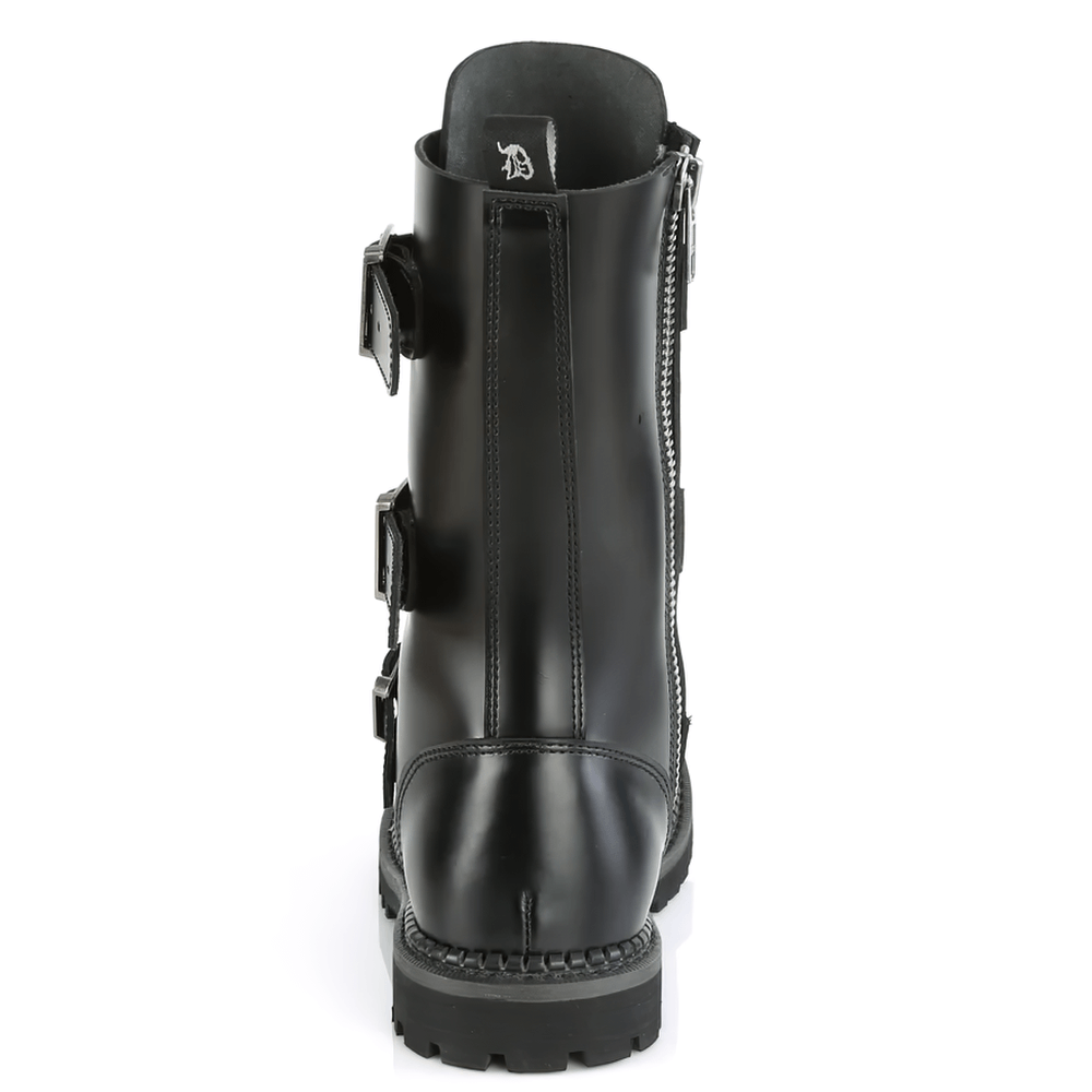 Back view of DEMONIA punk style black leather ankle boots with buckles and zipper.
