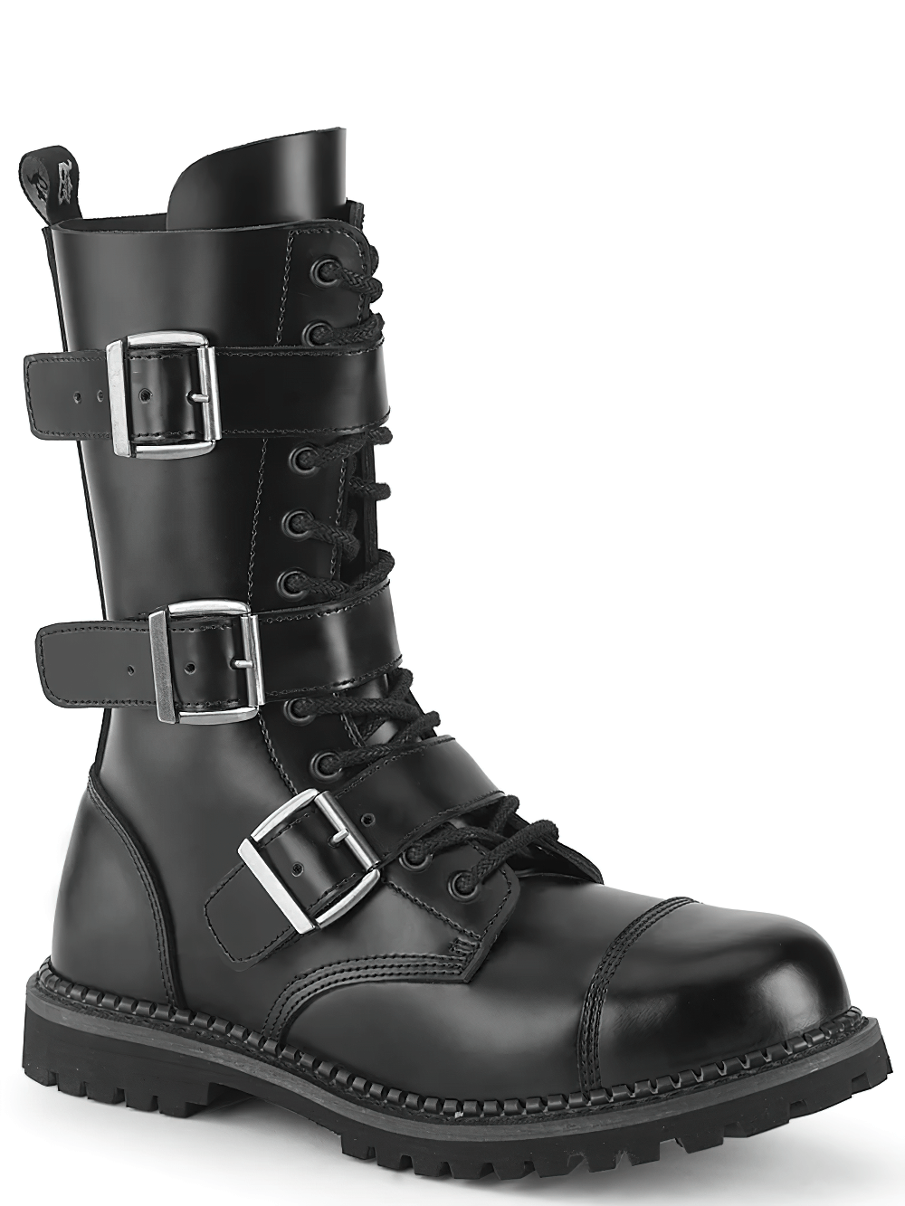 Black leather punk style ankle boots with buckles and lace-up design for edgy urban adventures.