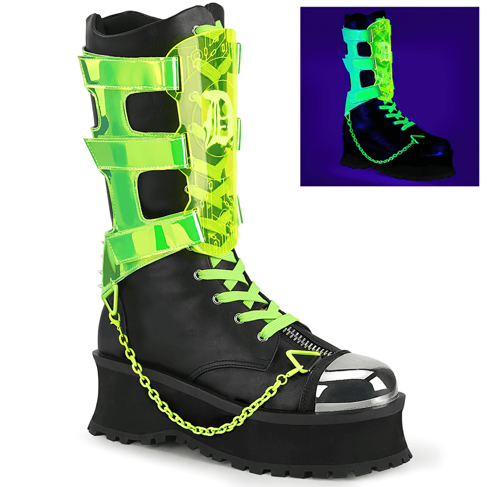 Futuristic Demonia Punk mid-calf platform boots with UV-reactive straps and silver toe cap, perfect for alternative fashion.