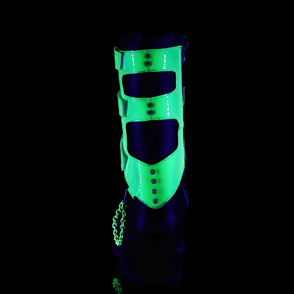 UV-reactive green Demonia mid-calf platform boots with chain detail, perfect for alternative fashion lovers.