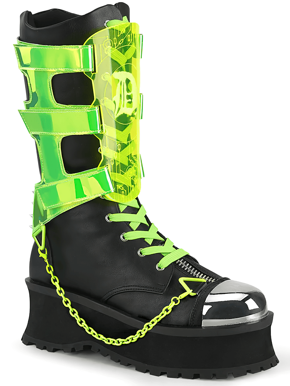 Futuristic black mid-calf platform boots with UV-reactive straps and silver toe cap, perfect for alternative fashion.