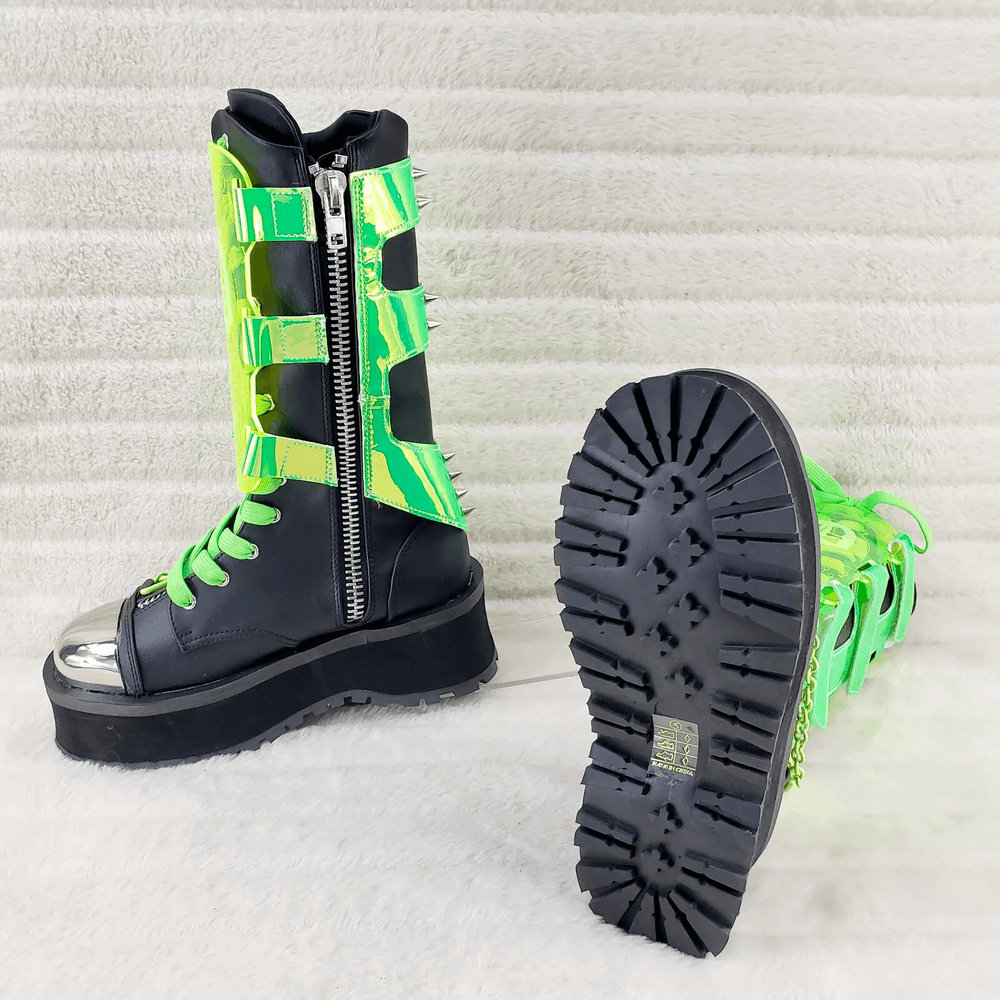 Futuristic punk mid-calf platform boots with UV-reactive straps and silver toe cap, perfect for alternative fashion lovers.