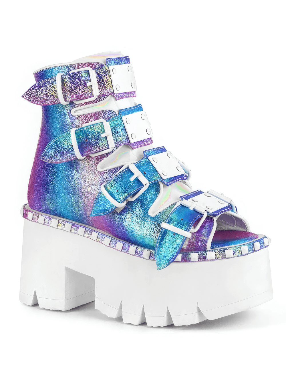 Demonia purple chunky heel bootie sandals with buckles, featuring iridescent finish and platform sole.