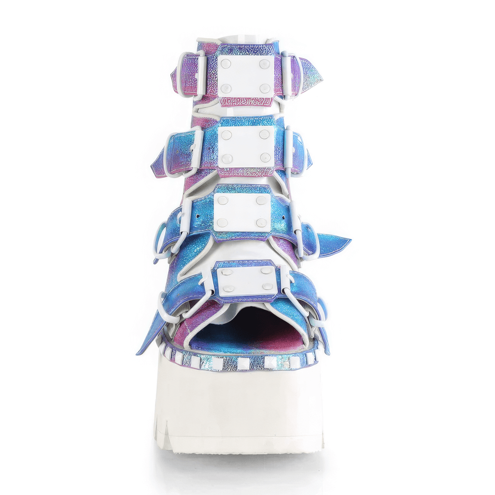 Front view of DEMONIA purple chunky heel bootie sandals with buckles and iridescent finish.