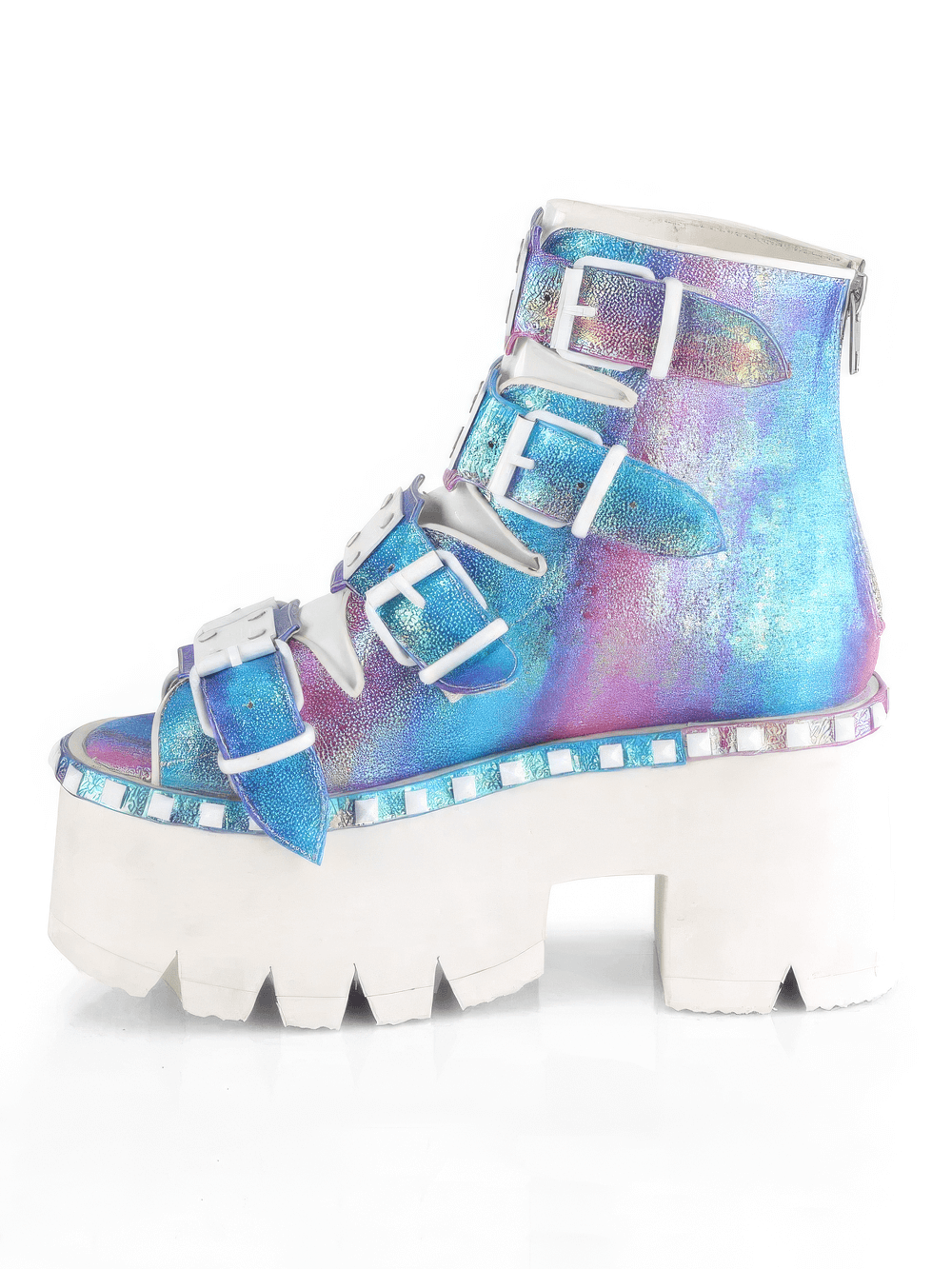 Demonia purple chunky heel bootie sandals with buckle straps and iridescent finish, featuring a striking platform.