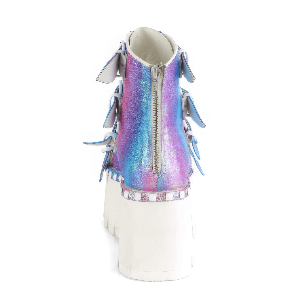 Back view of DEMONIA purple chunky heel bootie sandals with iridescent finish and buckle straps.
